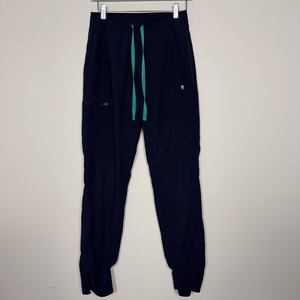 FIGS Yola Skinny Cargo Scrub Pants Navy Blue Teal Drawstring Women XS Tall